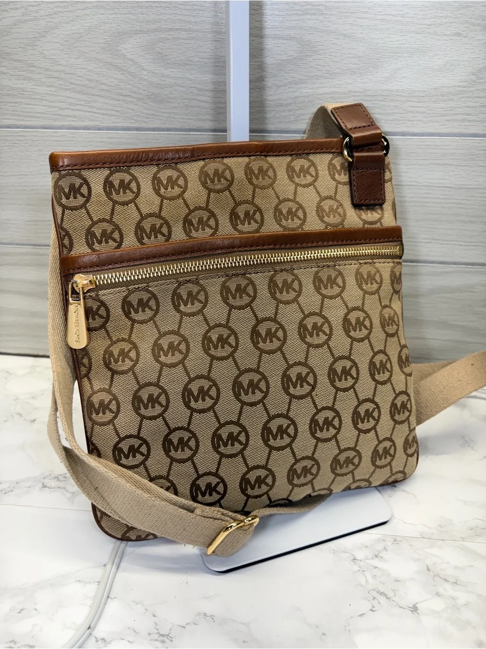Michael Kors Beige and Brown Signature Messenger Bag